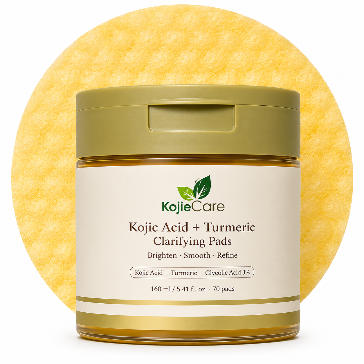 KojieCare Kojic Acid + Turmeric Clarifying Pads jar (70 pads) — included in the Brightening Routine Duo