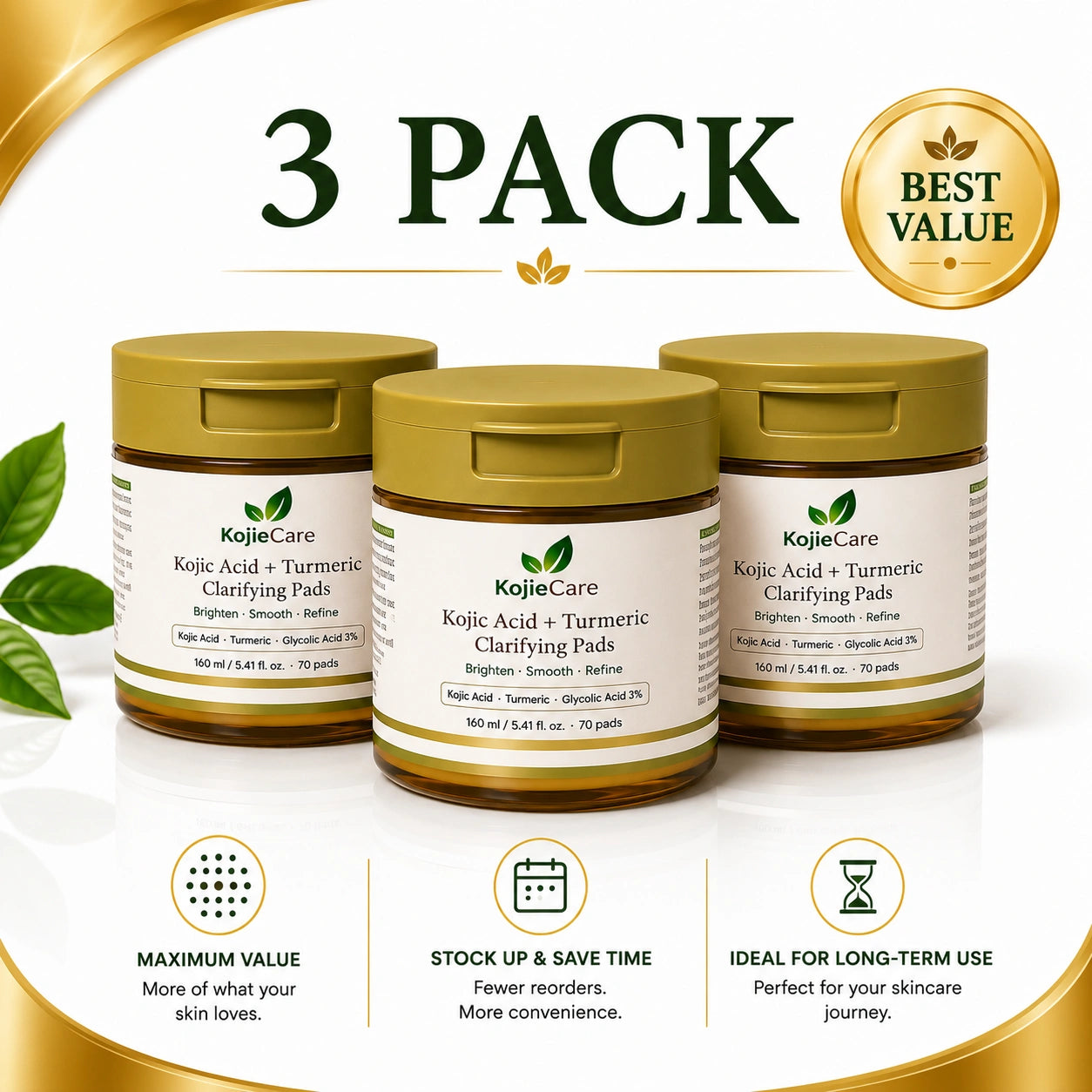 KojieCare Kojic Acid + Turmeric Clarifying Pads 3-pack bundle, three jars of 70 pads
