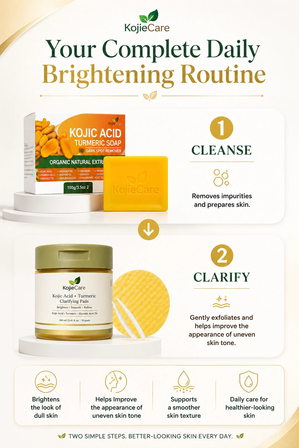 KojieCare Brightening Routine Duo | Kojic Acid Turmeric Soap + Kojic Acid Turmeric Clarifying Pads