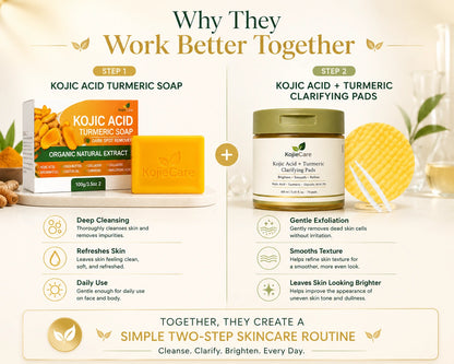 KojieCare Brightening Routine Duo | Kojic Acid Turmeric Soap + Kojic Acid Turmeric Clarifying Pads