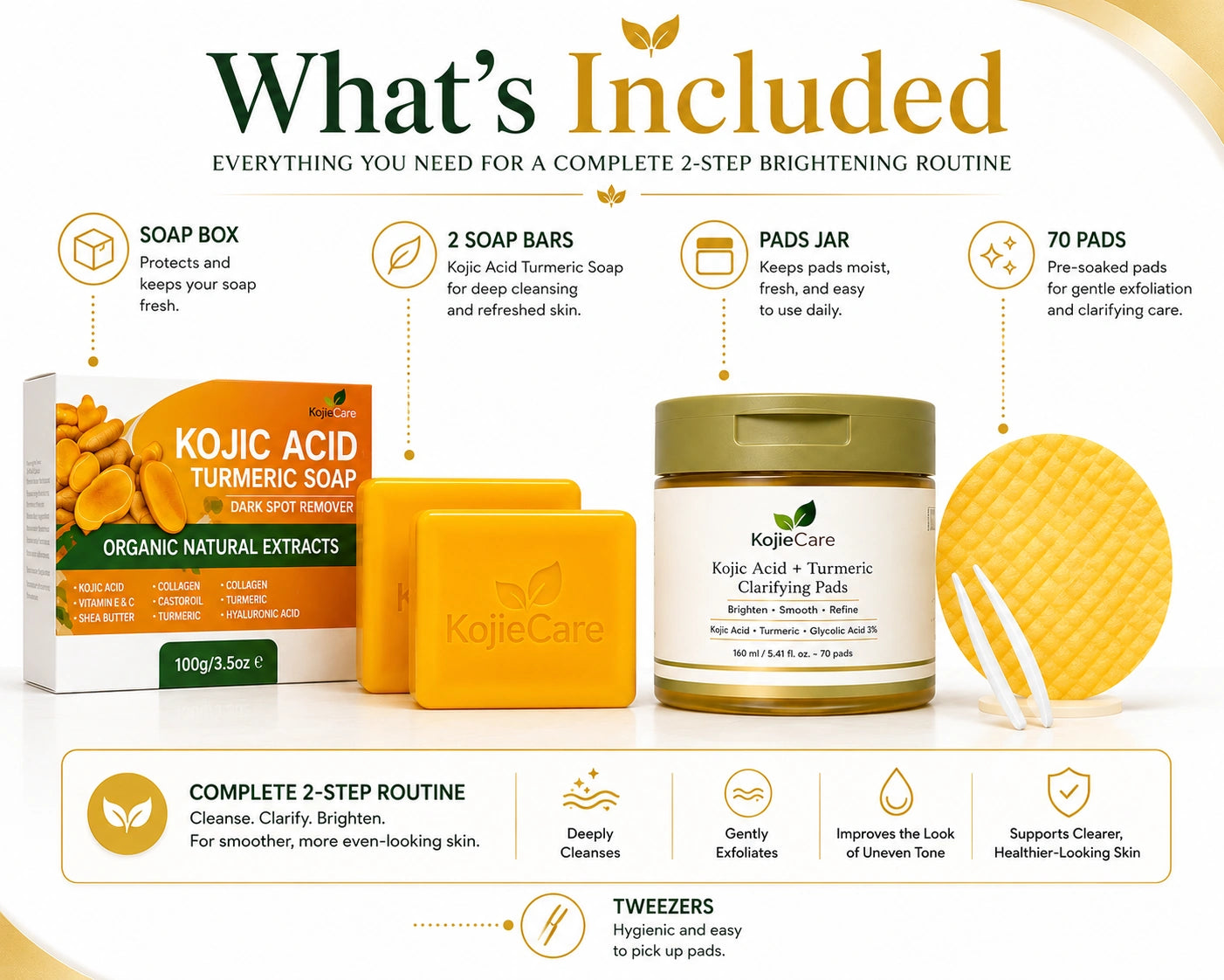 KojieCare Brightening Routine Duo | Kojic Acid Turmeric Soap + Kojic Acid Turmeric Clarifying Pads