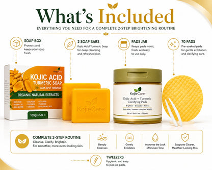 KojieCare Brightening Routine Duo | Kojic Acid Turmeric Soap + Kojic Acid Turmeric Clarifying Pads