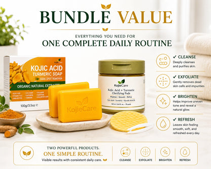 KojieCare Brightening Routine Duo | Kojic Acid Turmeric Soap + Kojic Acid Turmeric Clarifying Pads