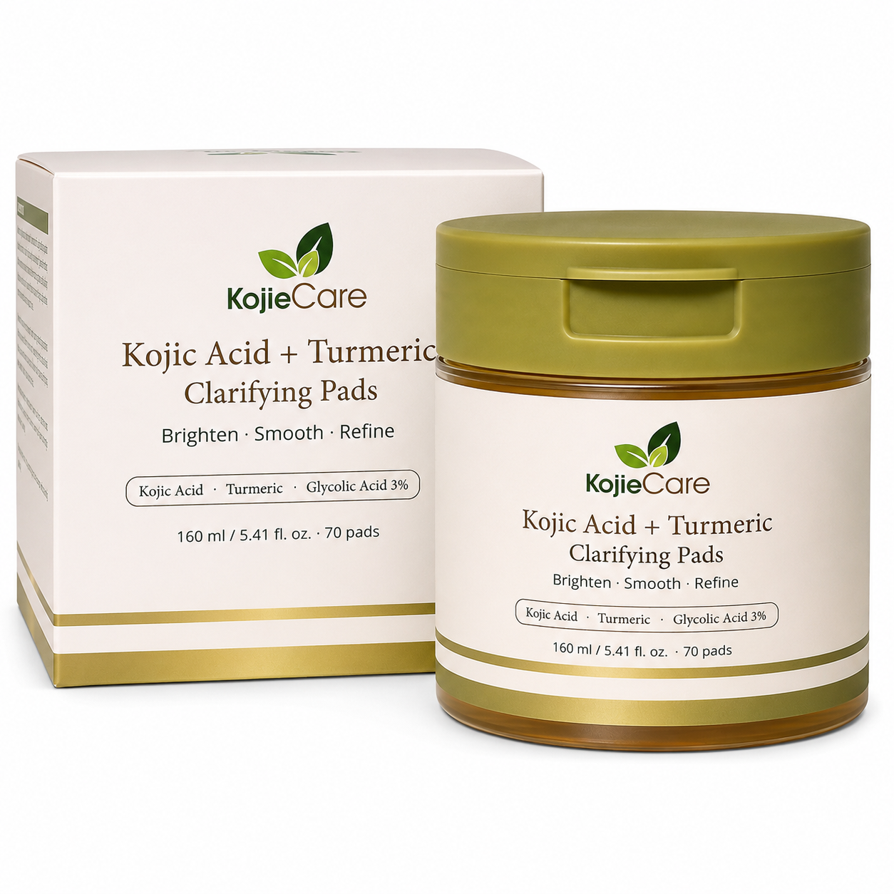 KojieCare Kojic Acid + Turmeric Clarifying Pads | 70 Pre-Soaked Pads with Niacinamide & Glycolic Acid