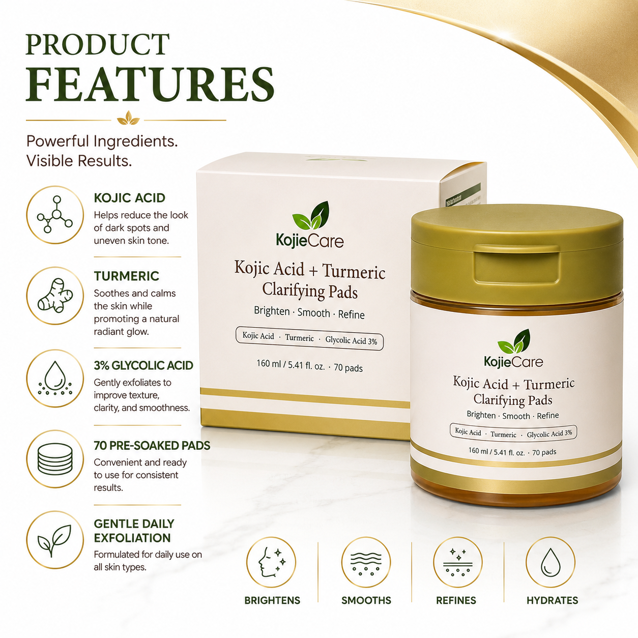 KojieCare Kojic Acid + Turmeric Clarifying Pads | 70 Pre-Soaked Pads with Niacinamide & Glycolic Acid