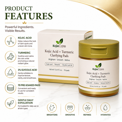 KojieCare Kojic Acid + Turmeric Clarifying Pads | 70 Pre-Soaked Pads with Niacinamide & Glycolic Acid