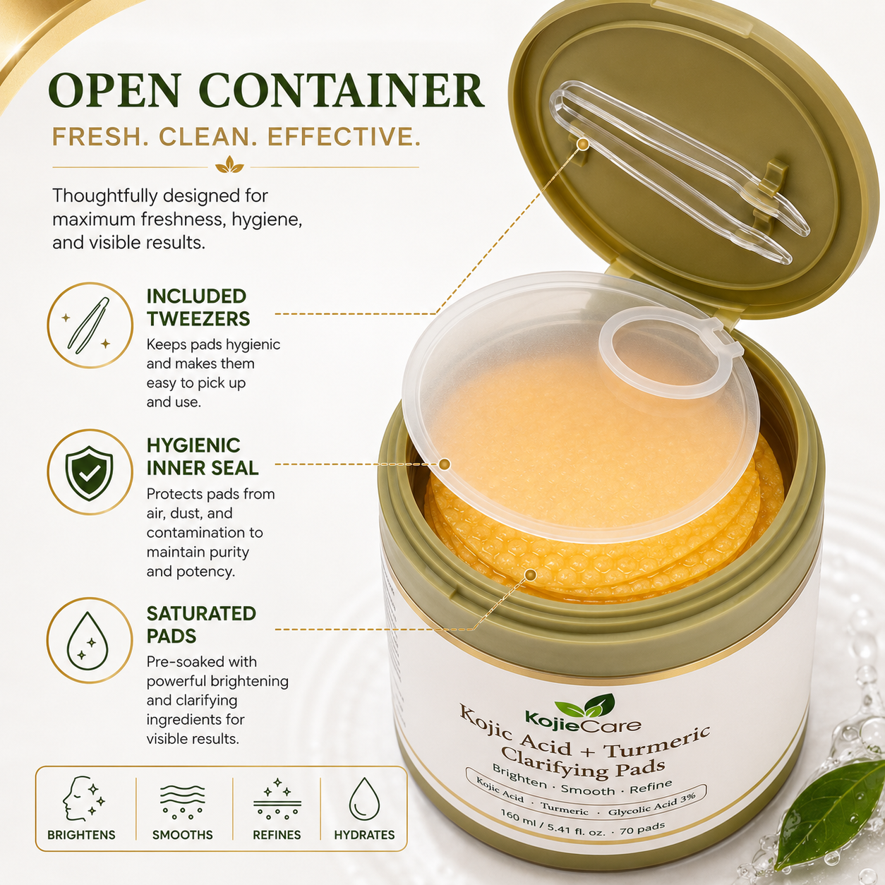 KojieCare Kojic Acid + Turmeric Clarifying Pads | 70 Pre-Soaked Pads with Niacinamide & Glycolic Acid