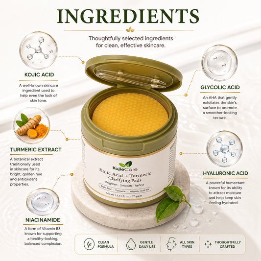 KojieCare Kojic Acid + Turmeric Clarifying Pads | 70 Pre-Soaked Pads with Niacinamide & Glycolic Acid