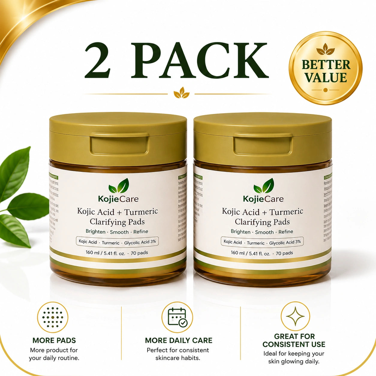 KojieCare Kojic Acid + Turmeric Clarifying Pads | 70 Pre-Soaked Pads with Niacinamide & Glycolic Acid