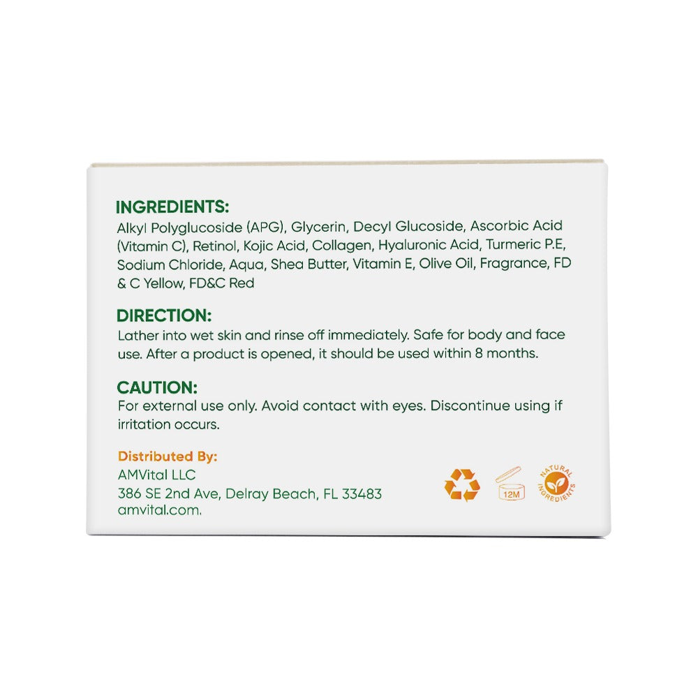 KojieCare Turmeric Kojic Acid Soap Bar – Dark Spot Corrector with Vitamin C, Retinol & Collagen – Brightening, Hydrating & Anti-Aging Face & Body Cleanser